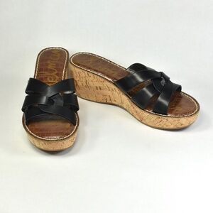 SAM EDELMAN RAYNERE BLACK LEATHER CORK WEDGE SANDALS SIZE 9.5 US, 39.5 EU